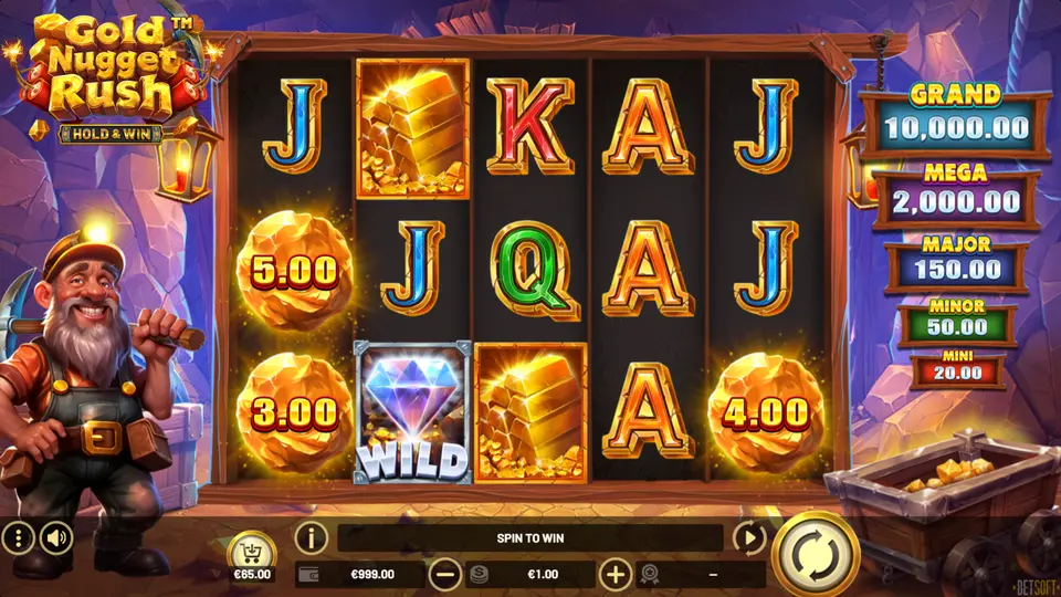 Gold Nugget Rush base game grid with Wild, Gold Bars and Card Royals symbols
